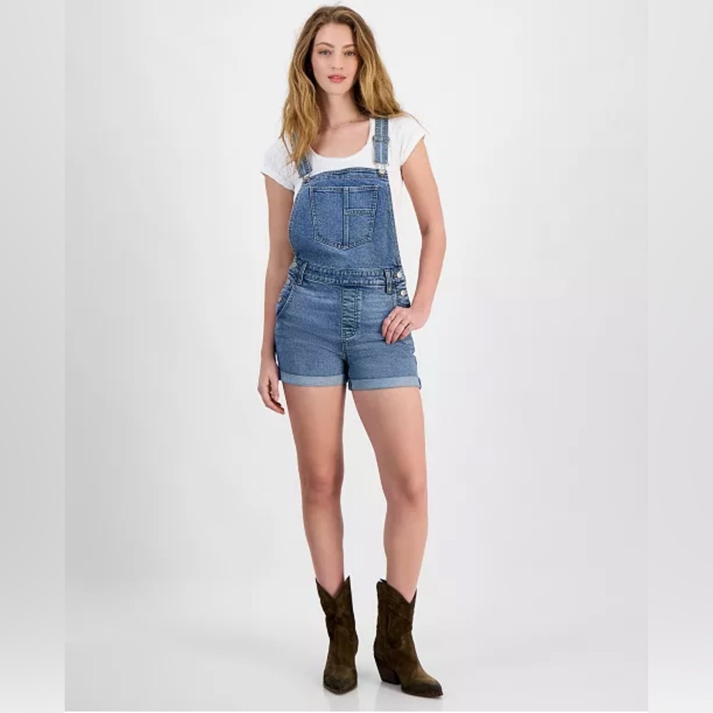 Celebrity Pink Juniors' Roll-Cuff Medium Blue Denim Short Overalls